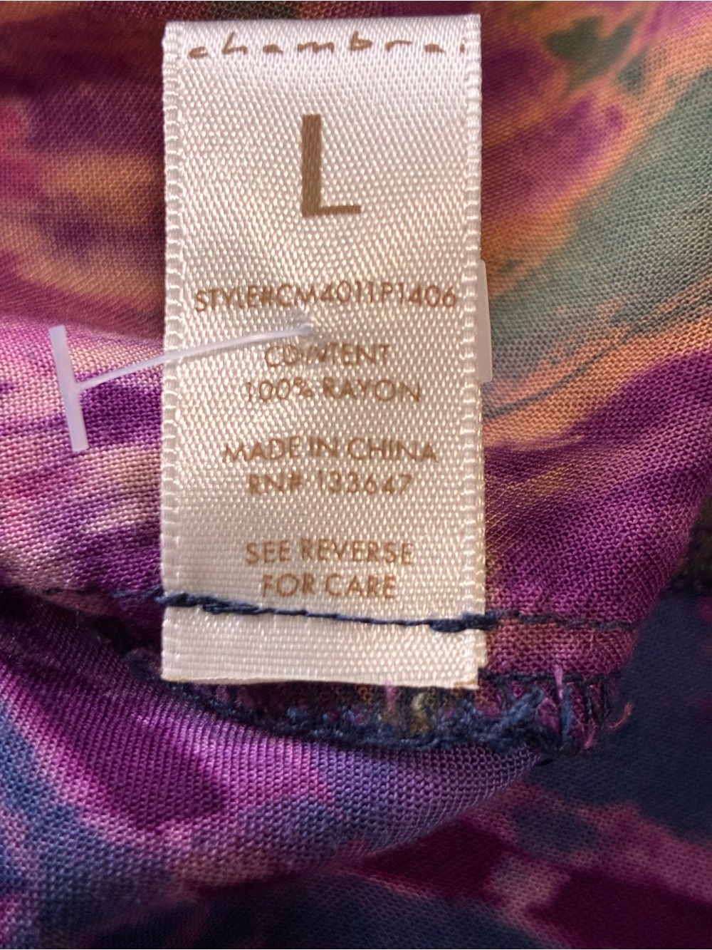 CHAMBRAI LOS ANGELES Blouse Women's Sz L Colorful Tie Dye Cap Sleeve Button Down - Picture 10 of 11